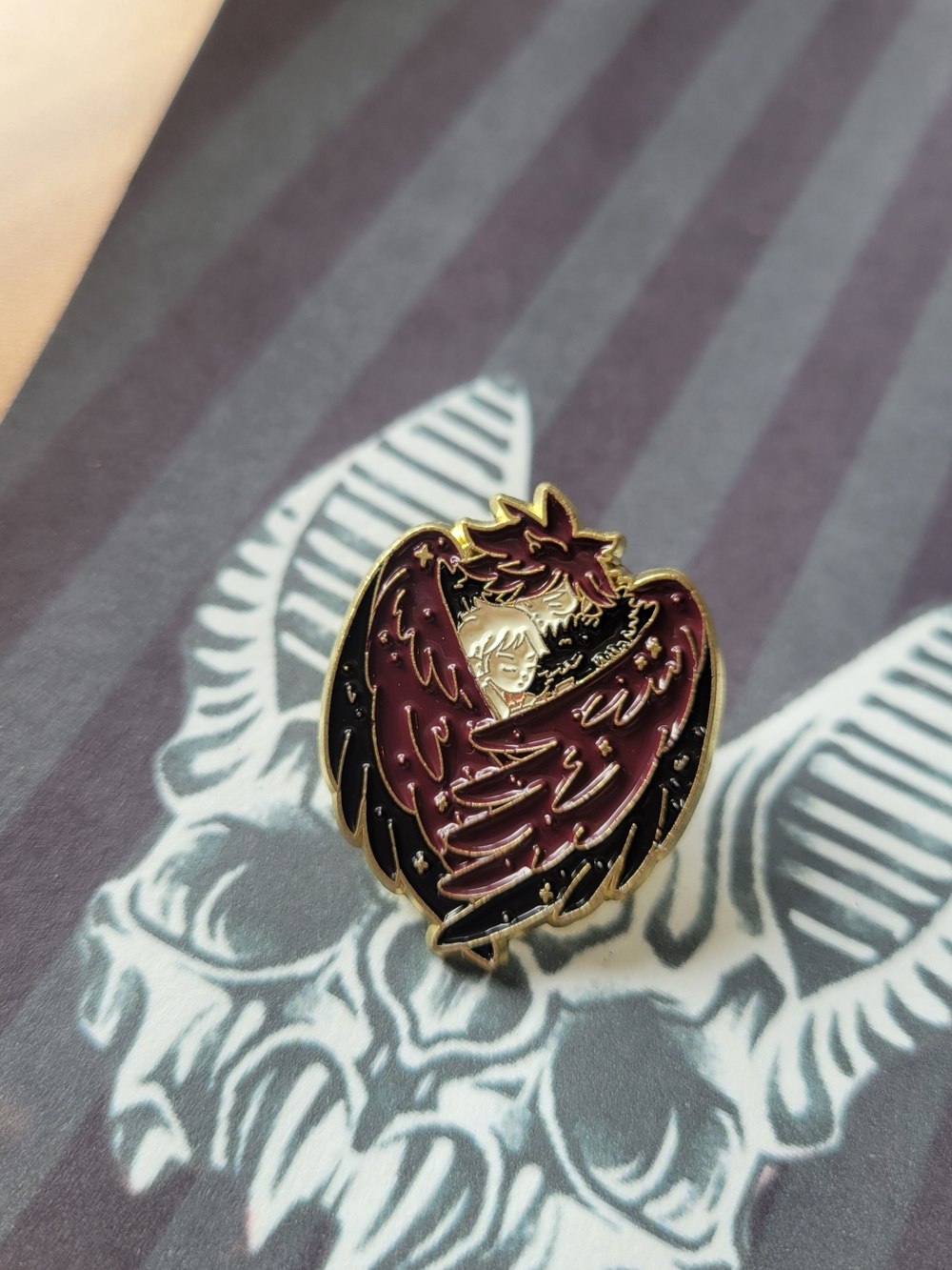 💀NEW💀Enamel Pin — Burgandy & Black Winged  Angel Heart Design